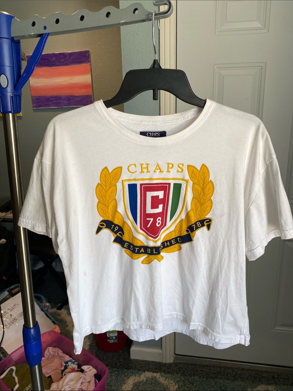 Chaps White Short-Sleeve Tee with Gold Laurel Crest and Red, Blue, Green Shield